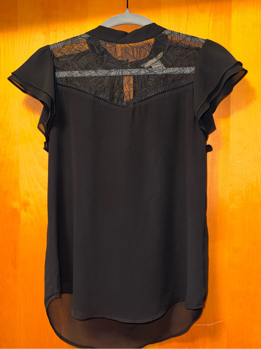 H&M Black Lace-Yoke Flutter Sleeve Blouse